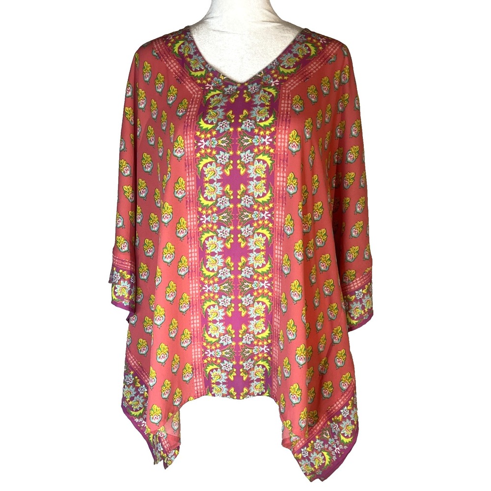 Belle‎ by Kim Gravel Coral Pink Floral Poncho Blouse Boho Resort Top Women's S